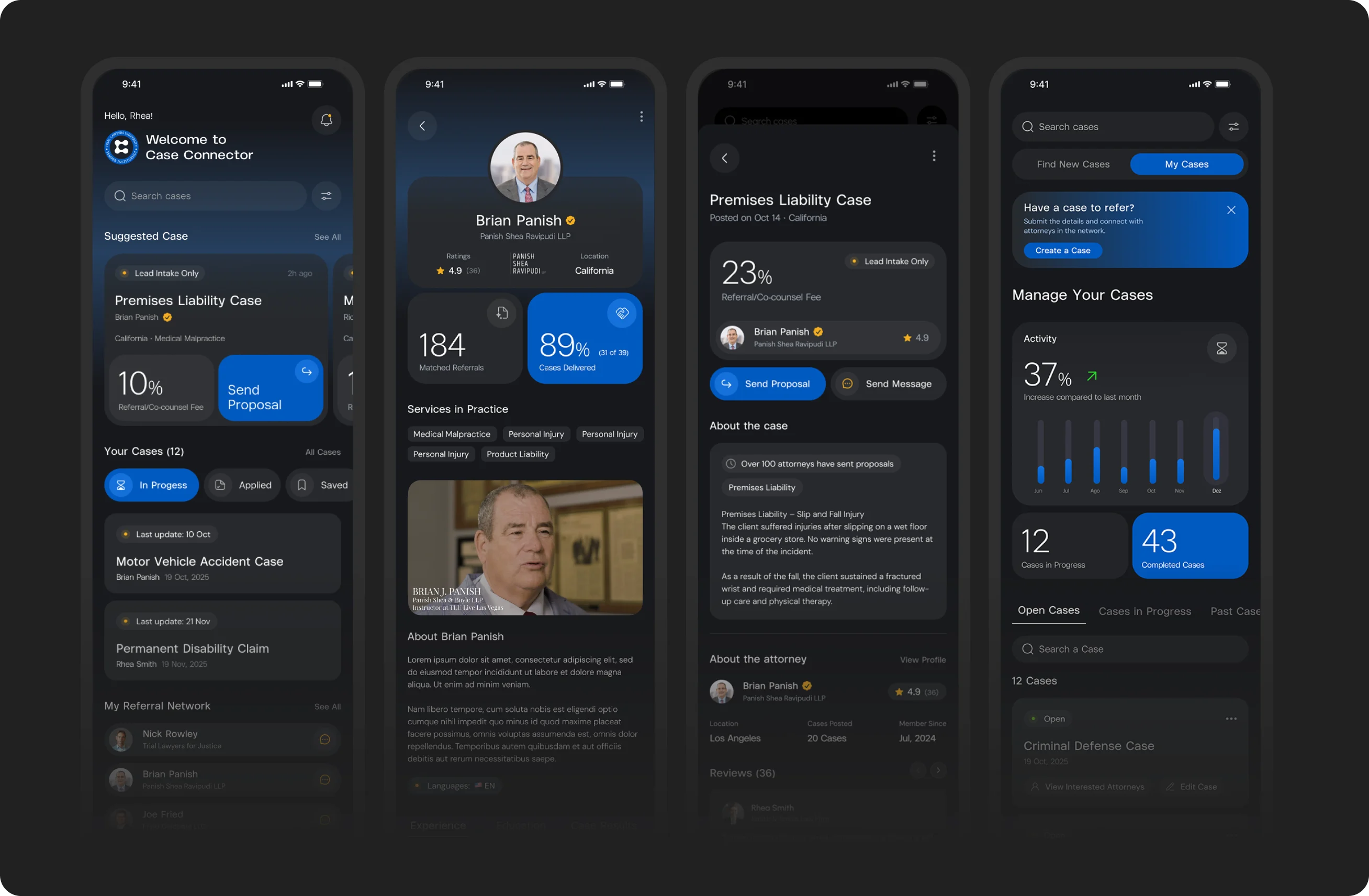 Four Case Connector screens: home with a suggested case, an attorney profile, case details with the referral fee, and case management