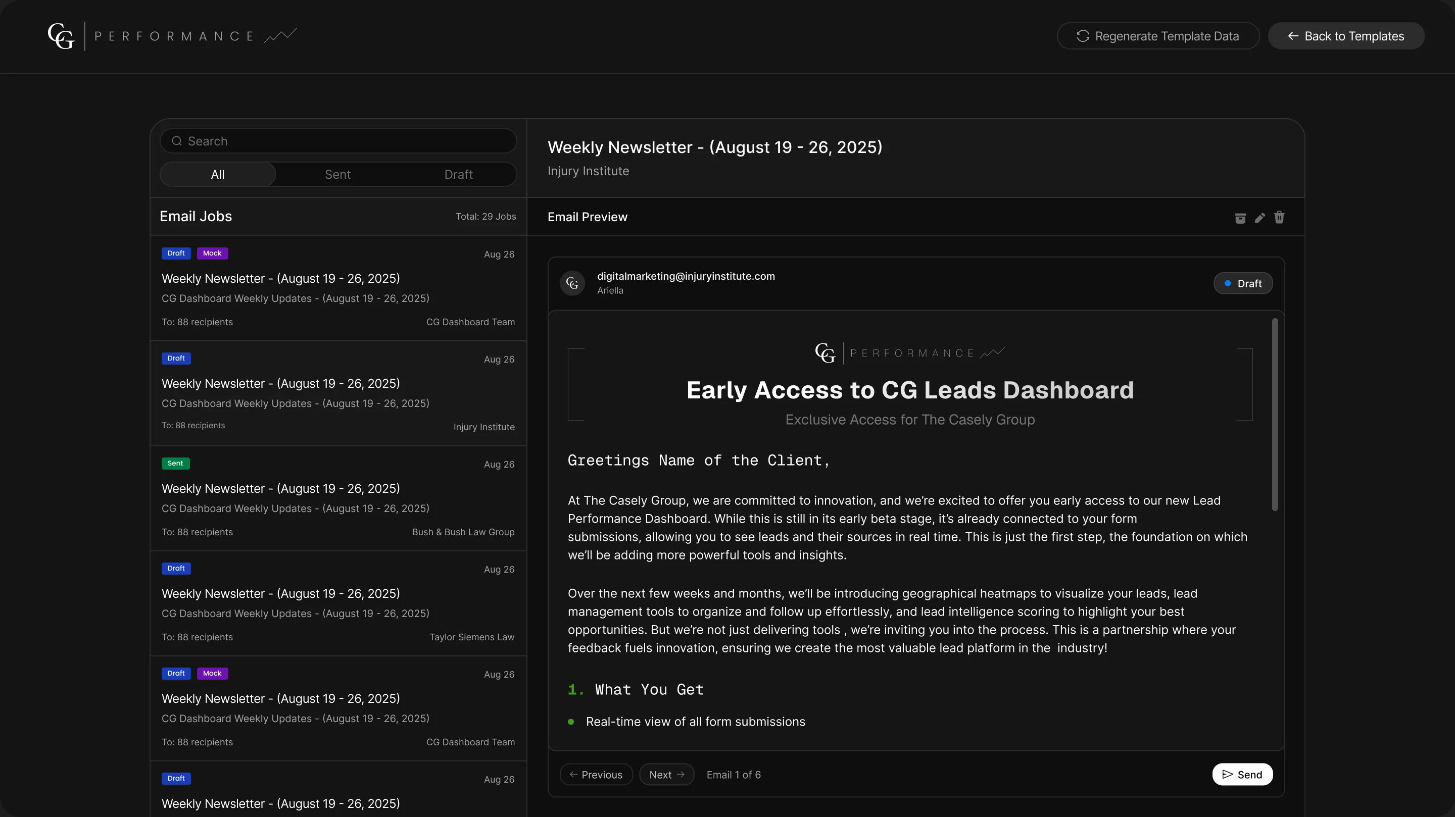 Email Templates screen previewing a weekly newsletter
