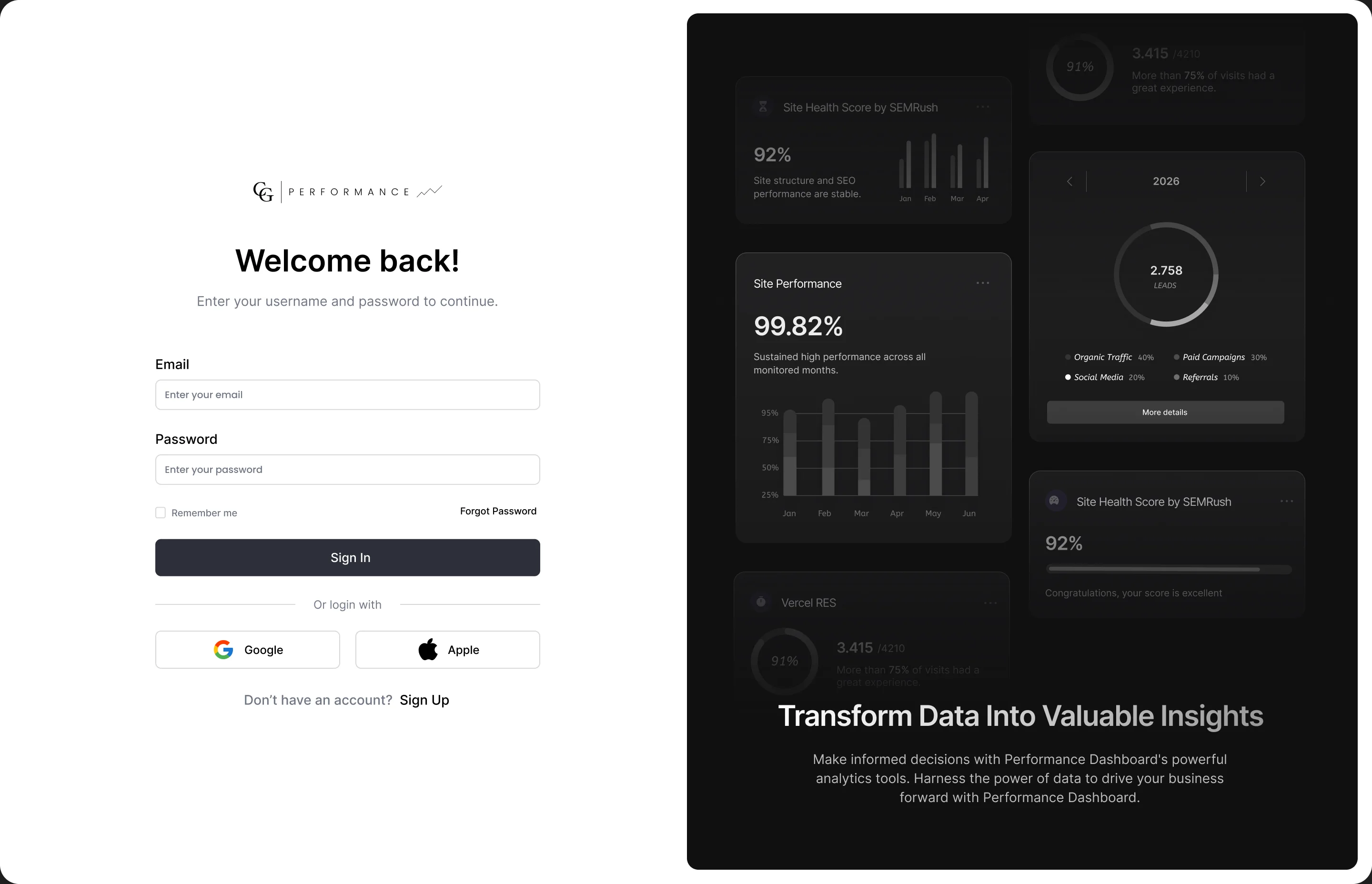 CG Performance sign-in screen with a preview of dashboard cards